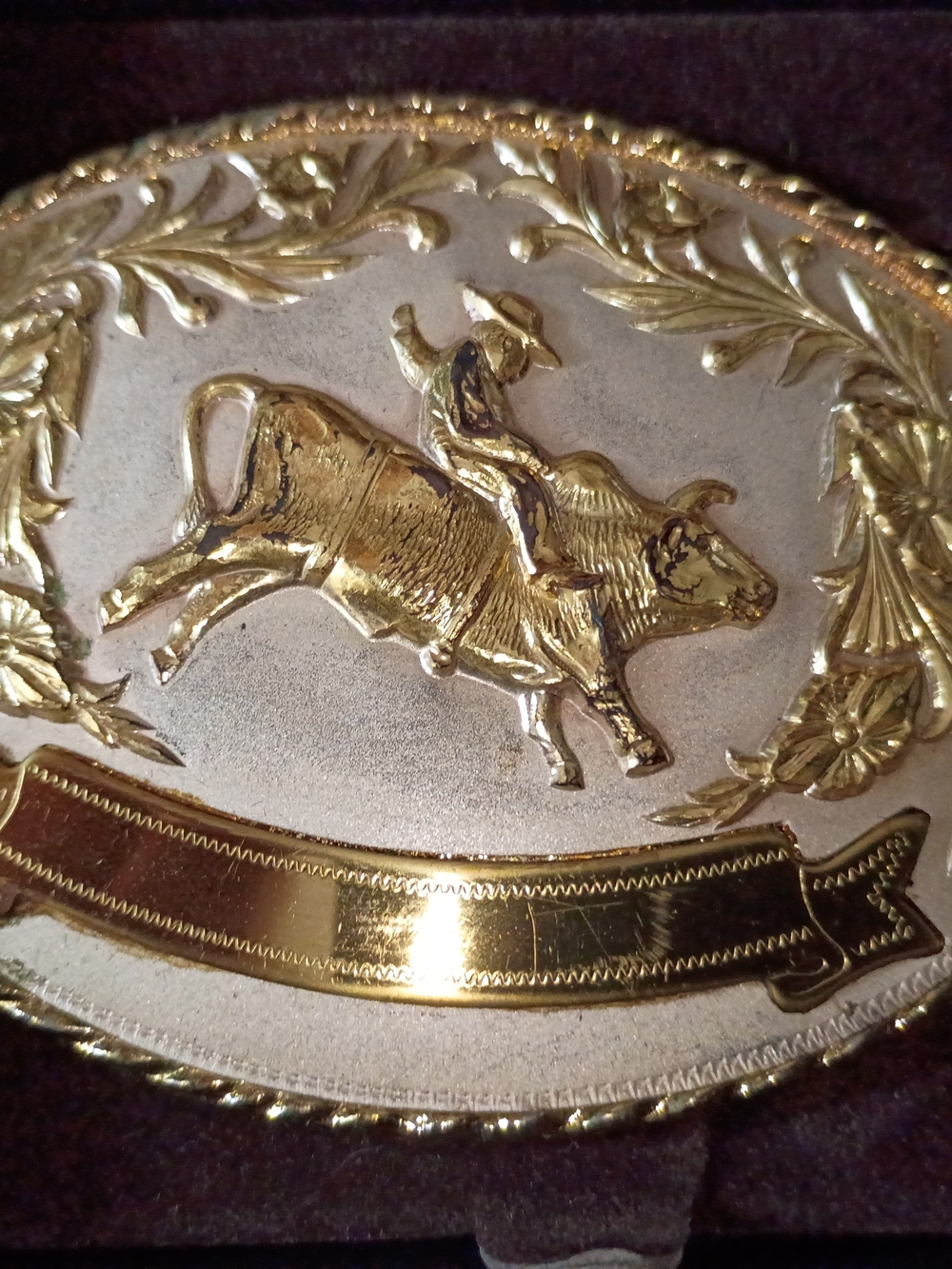 Vintage Crumrine Western Belt Buckle - Gold & Silver Tone Bull Rider Trophy Oval